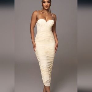 Cream Arcadia Mesh Midi Dress -JLUXLABEL